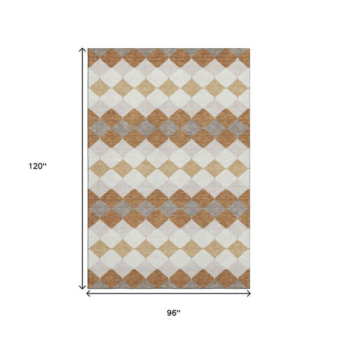 8' X 10' Copper Beige And Ivory Geometric Washable Area Rug With UV Protection