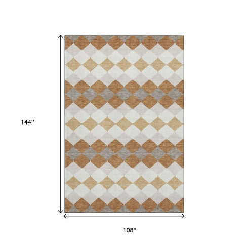 9' X 12' Copper Beige And Ivory Geometric Washable Area Rug With UV Protection