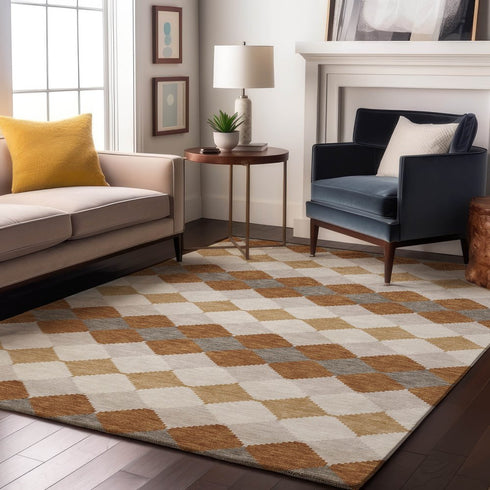 9' X 12' Copper Beige And Ivory Geometric Washable Area Rug With UV Protection