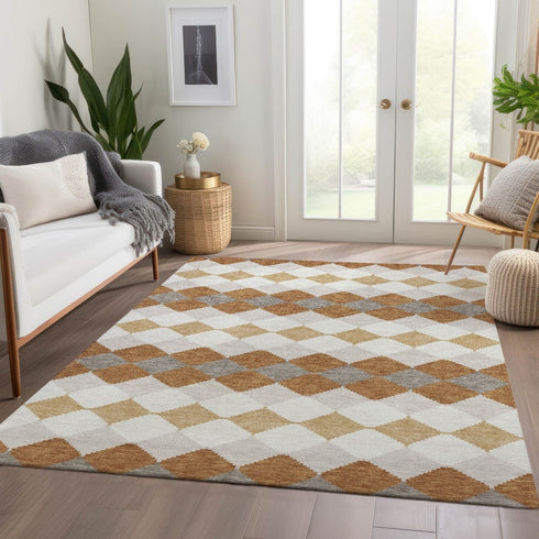9' X 12' Copper Beige And Ivory Geometric Washable Area Rug With UV Protection