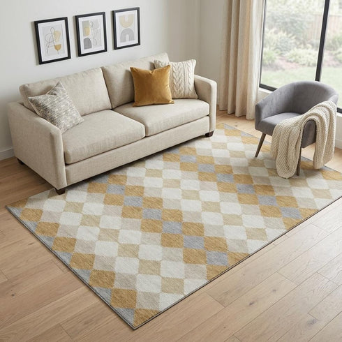 5' X 8' Gold Gray And Ivory Geometric Washable Area Rug With UV Protection