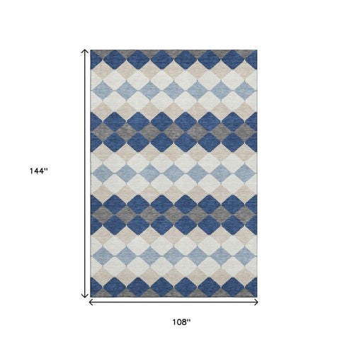 9' X 12' Navy Blue Ivory And Gray Geometric Washable Area Rug With UV Protection