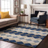 9' X 12' Navy Blue Ivory And Gray Geometric Washable Area Rug With UV Protection