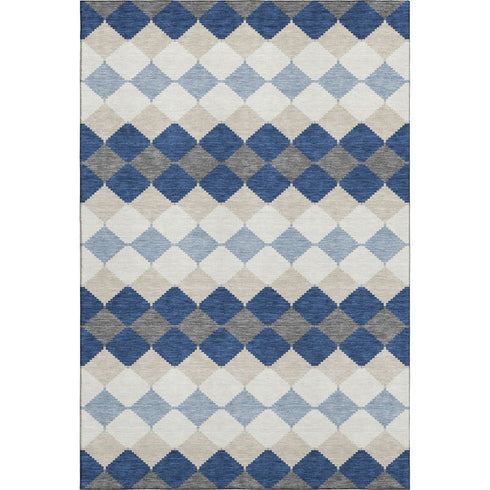 9' X 12' Navy Blue Ivory And Gray Geometric Washable Area Rug With UV Protection
