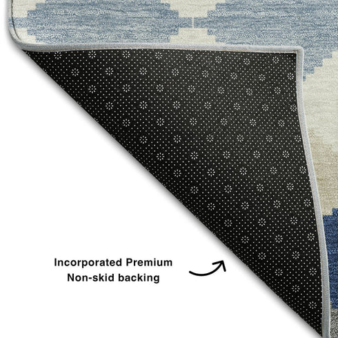 9' X 12' Navy Blue Ivory And Gray Geometric Washable Area Rug With UV Protection