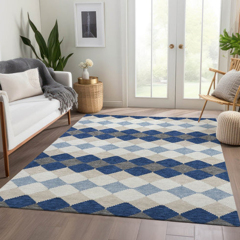 9' X 12' Navy Blue Ivory And Gray Geometric Washable Area Rug With UV Protection