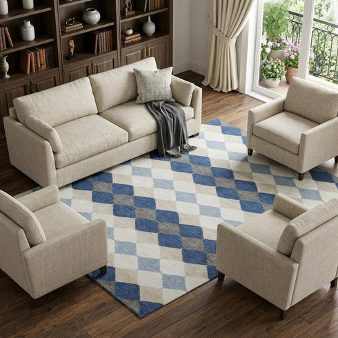 9' X 12' Navy Blue Ivory And Gray Geometric Washable Area Rug With UV Protection