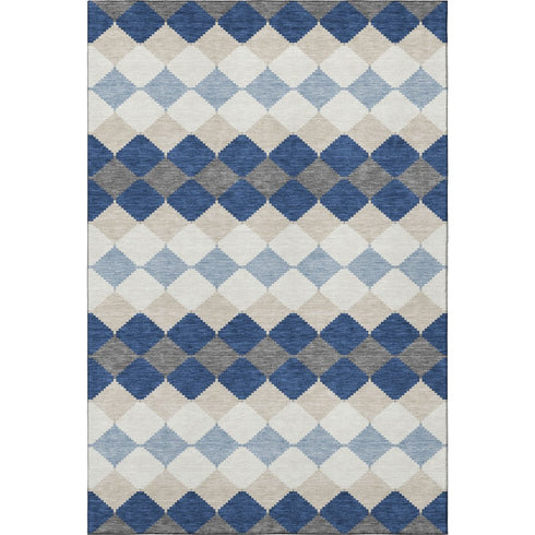 9' X 12' Navy Blue Ivory And Gray Geometric Washable Area Rug With UV Protection