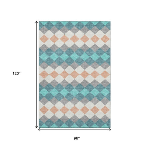 8' X 10' Teal Coral And Ivory Geometric Washable Area Rug With UV Protection