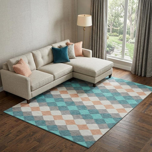 8' X 10' Teal Coral And Ivory Geometric Washable Area Rug With UV Protection