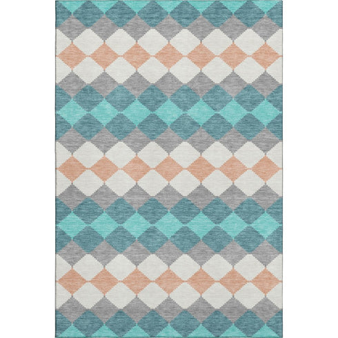 8' X 10' Teal Coral And Ivory Geometric Washable Area Rug With UV Protection
