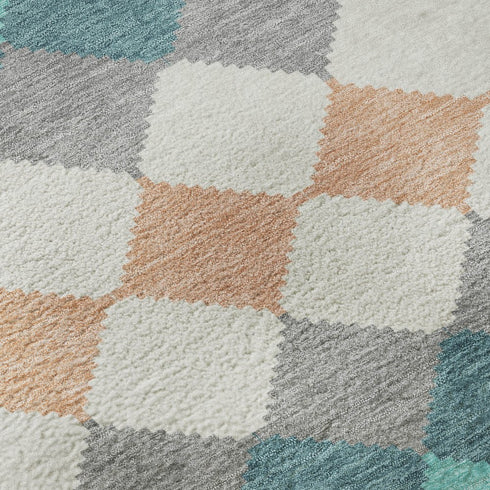 8' X 10' Teal Coral And Ivory Geometric Washable Area Rug With UV Protection