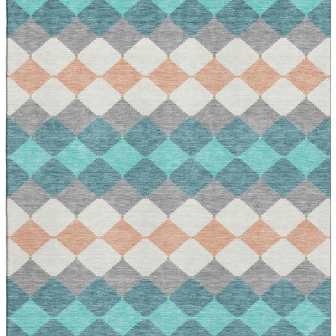 8' X 10' Teal Coral And Ivory Geometric Washable Area Rug With UV Protection