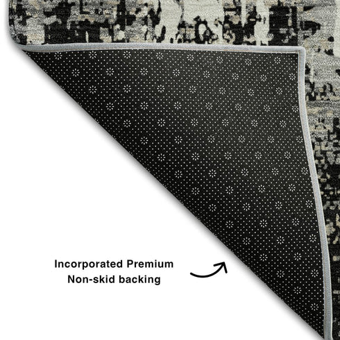 5' X 8' Black Ivory And Gray Abstract Washable Area Rug With UV Protection