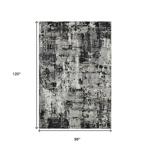 8' X 10' Black Ivory And Gray Abstract Washable Area Rug With UV Protection