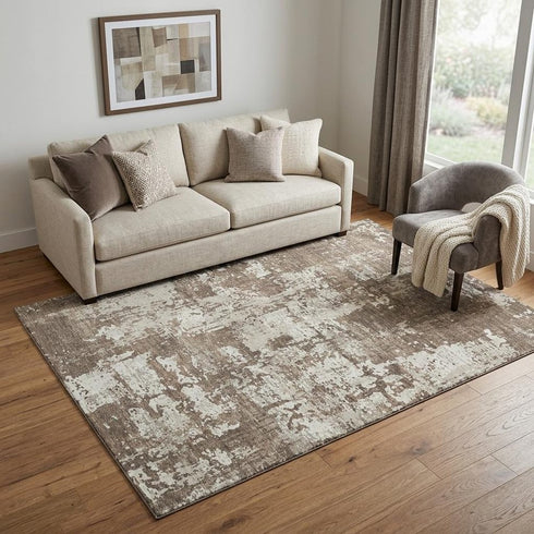 5' X 8' Brown And Beige Abstract Washable Area Rug With UV Protection