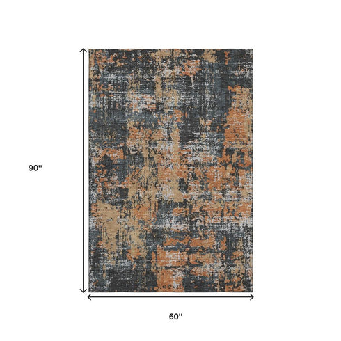 5' X 8' Charcoal Copper And Gray Abstract Washable Area Rug With UV Protection
