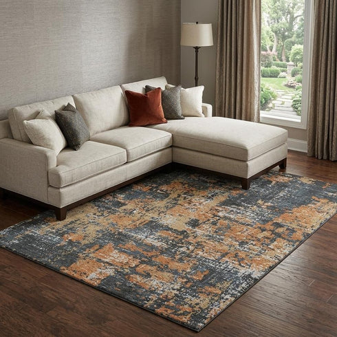 8' X 10' Charcoal Copper And Gray Abstract Washable Area Rug With UV Protection