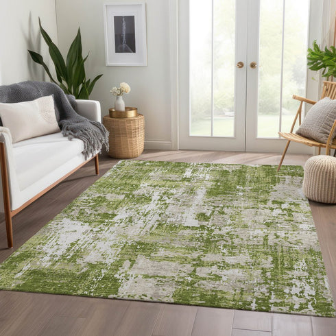 8' X 10' Green And Ivory Abstract Washable Area Rug With UV Protection