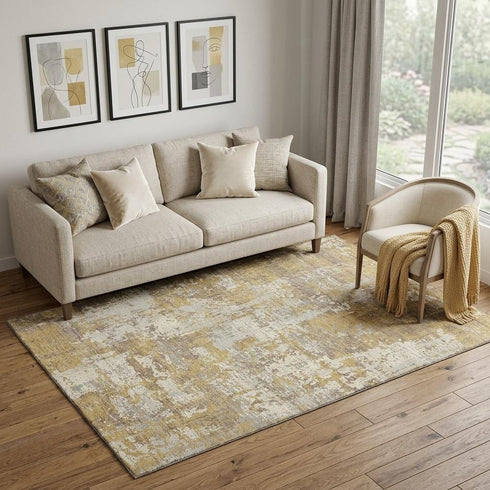 5' X 8' Gold Taupe And Beige Abstract Washable Area Rug With UV Protection