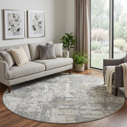 8' Gray And Ivory Abstract Washable Round Rug With UV Protection