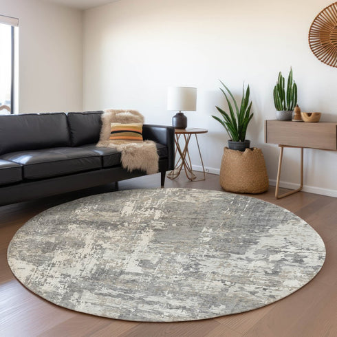 8' Gray And Ivory Abstract Washable Round Rug With UV Protection