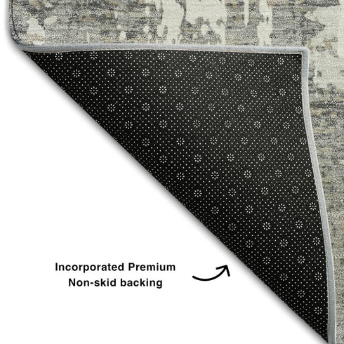 8' Gray And Ivory Abstract Washable Round Rug With UV Protection