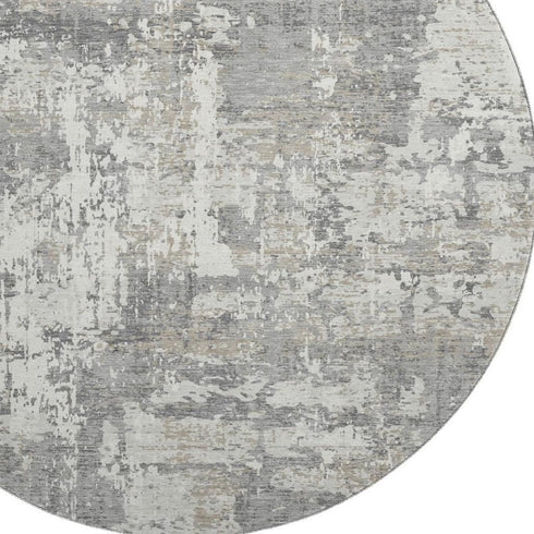 8' Gray And Ivory Abstract Washable Round Rug With UV Protection