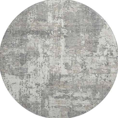 8' Gray And Ivory Abstract Washable Round Rug With UV Protection