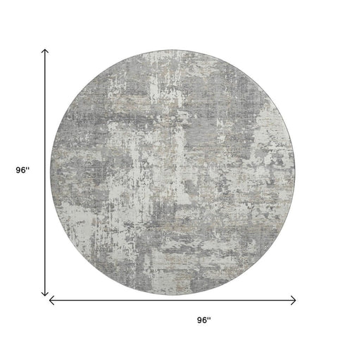 8' Gray And Ivory Abstract Washable Round Rug With UV Protection