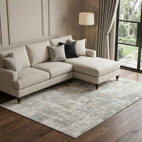 8' X 10' Ivory And Gray Abstract Washable Area Rug With UV Protection