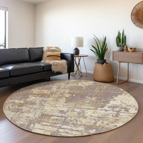 8' Lavender Gold And Ivory Abstract Washable Round Rug With UV Protection