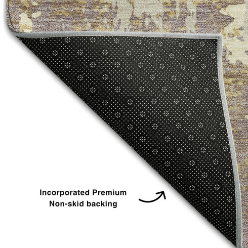 8' Lavender Gold And Ivory Abstract Washable Round Rug With UV Protection