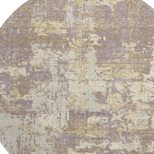 8' Lavender Gold And Ivory Abstract Washable Round Rug With UV Protection