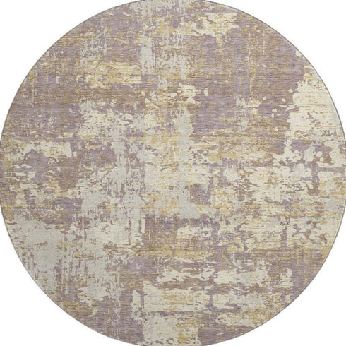 8' Lavender Gold And Ivory Abstract Washable Round Rug With UV Protection