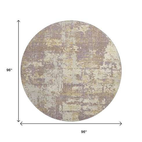 8' Lavender Gold And Ivory Abstract Washable Round Rug With UV Protection