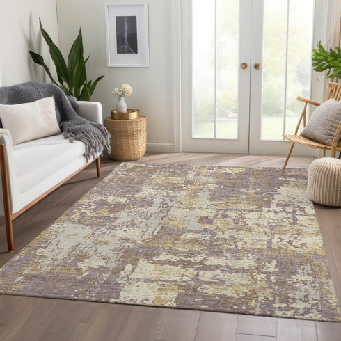 8' X 10' Lavender Gold And Ivory Abstract Washable Area Rug With UV Protection