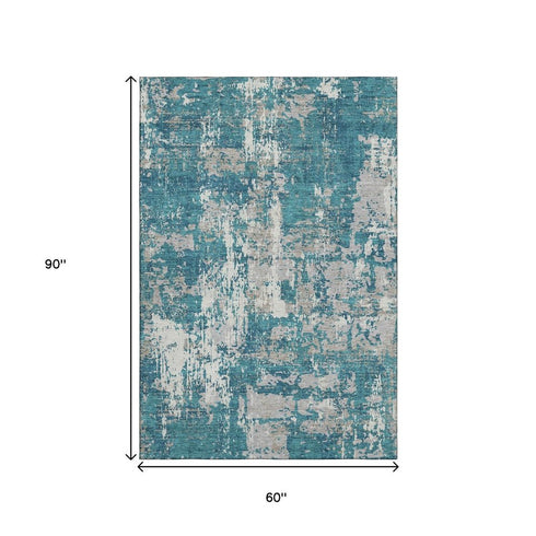 5' X 8' Teal Gray And Ivory Abstract Washable Area Rug With UV Protection