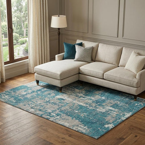 8' X 10' Teal Gray And Ivory Abstract Washable Area Rug With UV Protection