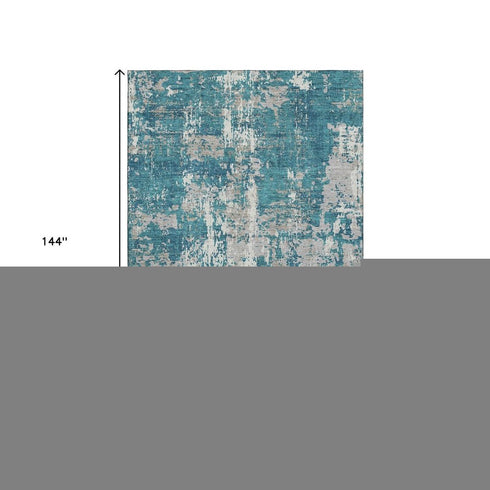 9' X 12' Teal Gray And Ivory Abstract Washable Area Rug With UV Protection