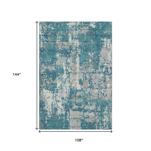 9' X 12' Teal Gray And Ivory Abstract Washable Area Rug With UV Protection