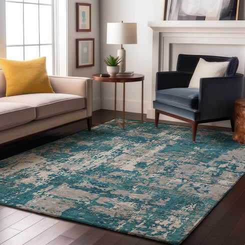 9' X 12' Teal Gray And Ivory Abstract Washable Area Rug With UV Protection