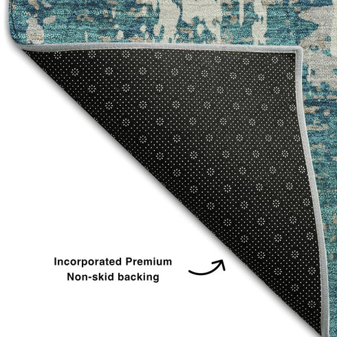 9' X 12' Teal Gray And Ivory Abstract Washable Area Rug With UV Protection