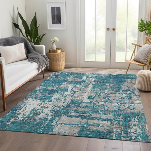 9' X 12' Teal Gray And Ivory Abstract Washable Area Rug With UV Protection