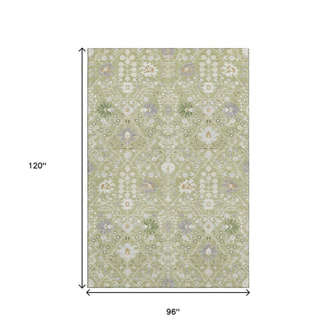 8' X 10' Artichoke Green Gray And Ivory Oriental Washable Area Rug With UV Protection