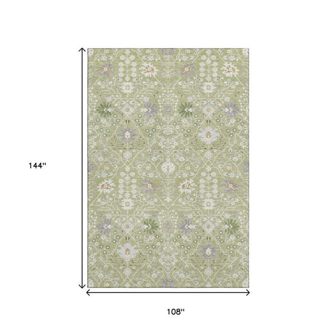 9' X 12' Artichoke Green Gray And Ivory Oriental Washable Area Rug With UV Protection
