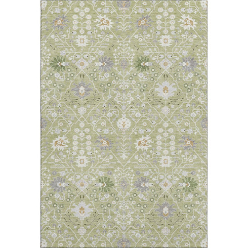 9' X 12' Artichoke Green Gray And Ivory Oriental Washable Area Rug With UV Protection