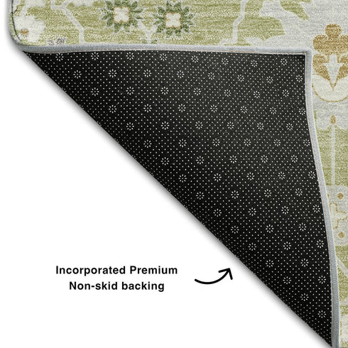 9' X 12' Artichoke Green Gray And Ivory Oriental Washable Area Rug With UV Protection