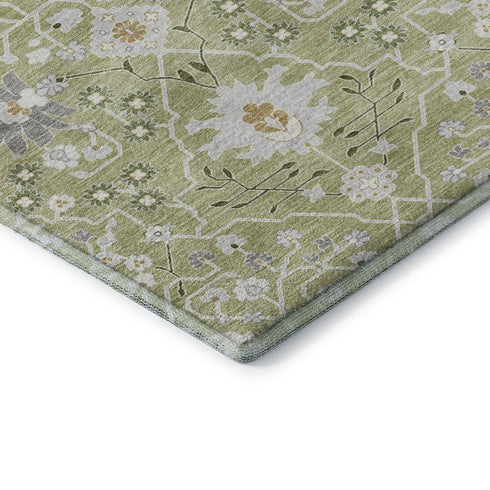 9' X 12' Artichoke Green Gray And Ivory Oriental Washable Area Rug With UV Protection