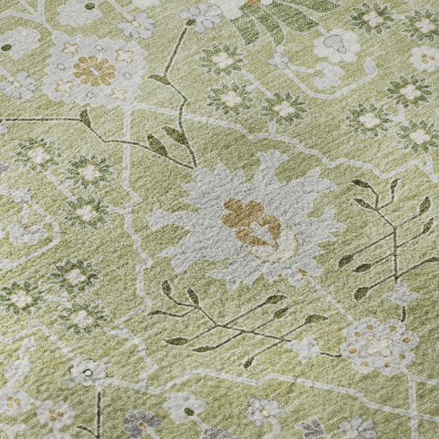 9' X 12' Artichoke Green Gray And Ivory Oriental Washable Area Rug With UV Protection
